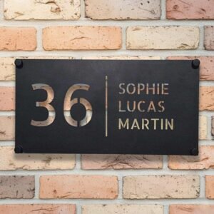 Gepersonaliseerd RVS naambordje voordeur met zwarte poedercoating