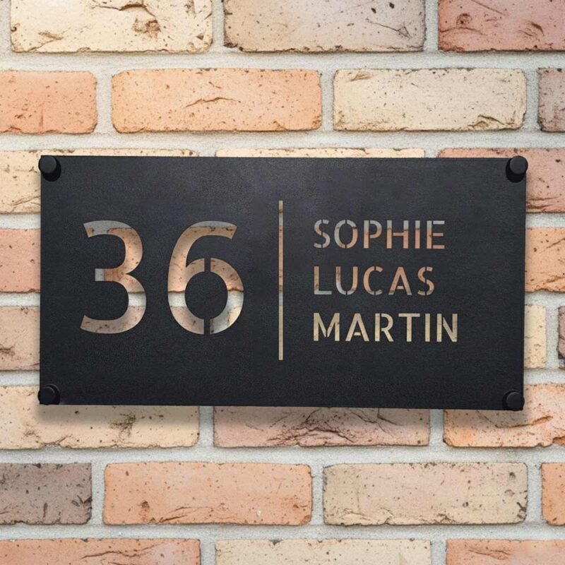 Gepersonaliseerd RVS naambordje voordeur met zwarte poedercoating